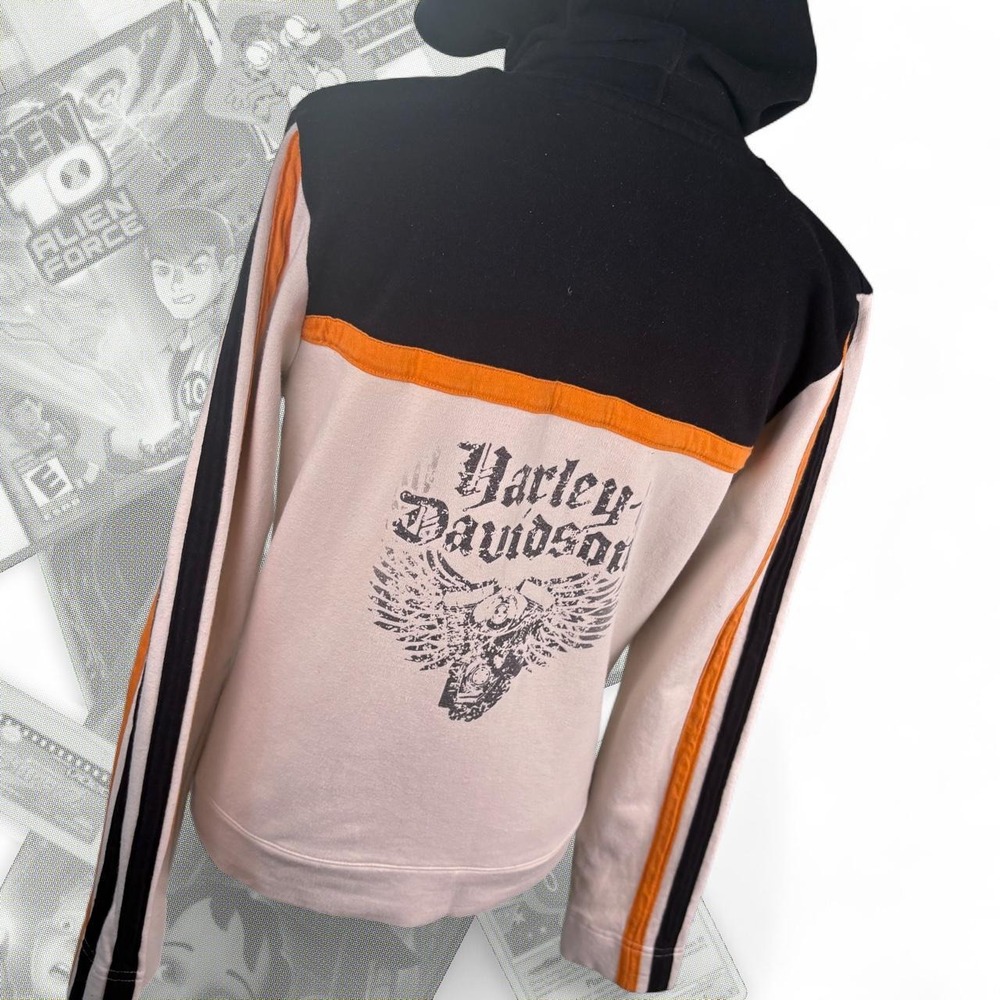 Vintage Y2K Orange Black Harley Davidson Striped Zip Up Graphic Hoodie W/ Eagle
